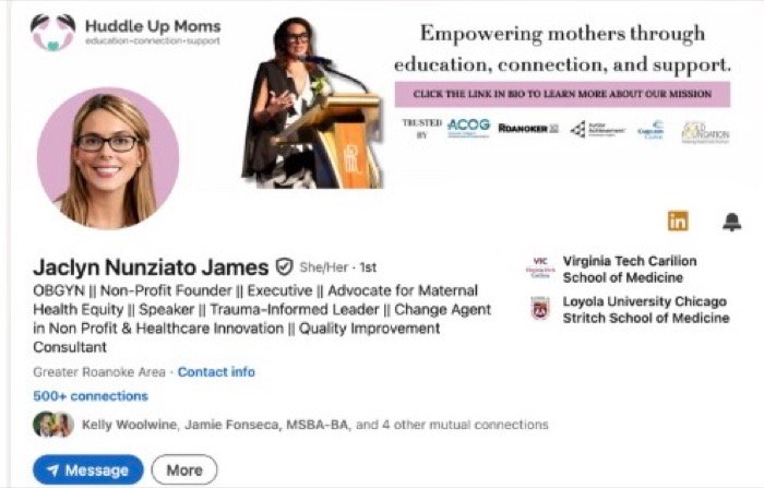 Huddle Up Moms founder's LinkedIn profile