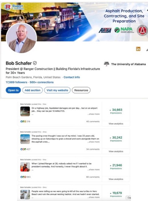 Bob Schafer's redesigned LinkedIn profile and post analytics